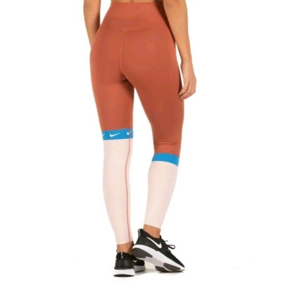 Nike Dri-Fit Womens Leggings sz Small Brown Pink Blue Logo Retro Swoosh - Picture 1 of 9